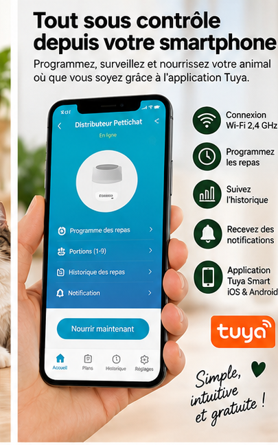 Contrôle du distributeur Pettichat 4L depuis smartphone avec application Tuya