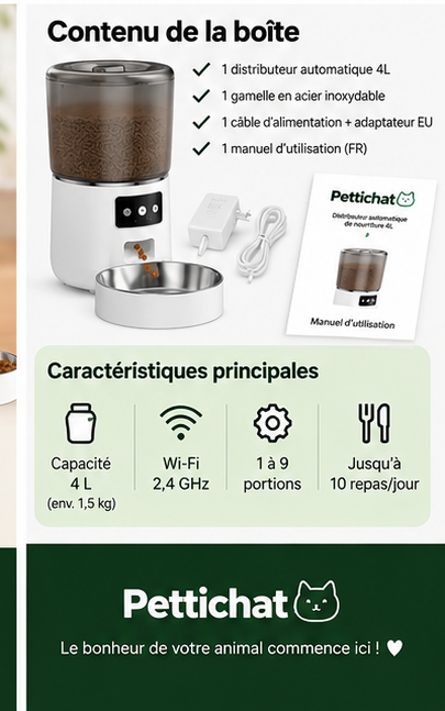 Contenu de la boîte et caractéristiques du distributeur Pettichat 4L