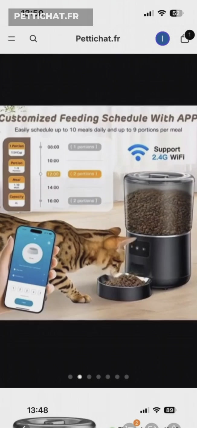 Spot vidéo Pettichat.fr montrant le contrôle à distance du distributeur depuis smartphone